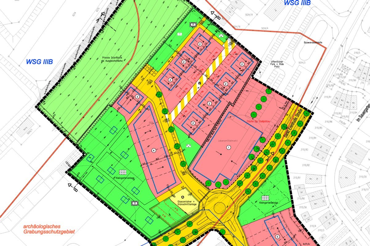 farbiger Plan mit roten Bereichen für Bebauung, gelb für Straßen und grün für begrünte Flächen