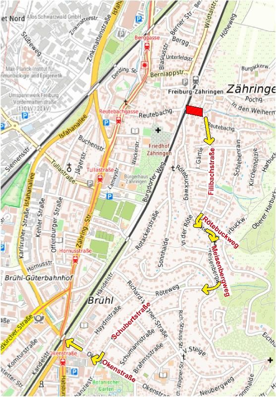 Ausschnitt Stadtplan mit Umleitung der Reutebachgasse über die Fillibachstraße in Richtung Habsburger Straße